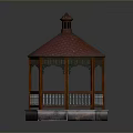 Traditional Wooden Hexagonal Gazebo With Red Tiled Roof And Stone Base