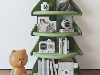 Green Tree Shaped Storage Shelf with Stuffed Toys Radio Books Decorations and Yellow Teddy Bear 3d model