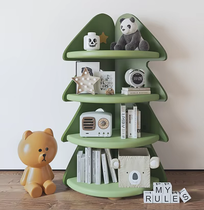 Green Tree Shaped Storage Shelf with Stuffed Toys Radio Books Decorations and Yellow Teddy Bear 3d model