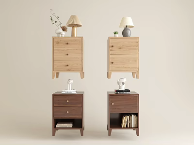 Wooden Bedside Tables in Light and Dark Wood with Drawers Lamps and Decorative Books 3d model