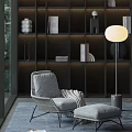 Gray Wicker Lounge Chair and Ottoman near Bookshelf Floor Lamp by Window in Modern Interior
