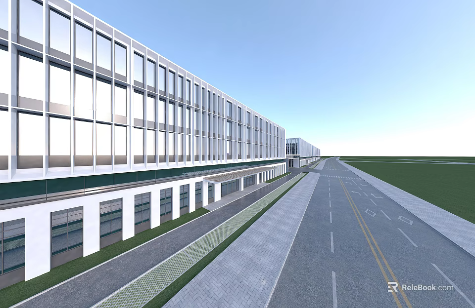 Modern Office Building With Glass Curtain Wall And Neat Exterior Along Road 3d model 