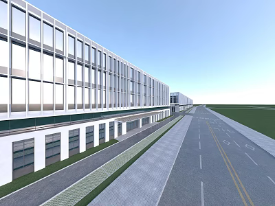 Modern Office Building With Glass Curtain Wall And Neat Exterior Along Road 3d model