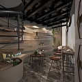 Modern Café Interior Design With Open Wooden Bar Wine Racks Pendant Lights And Staircase