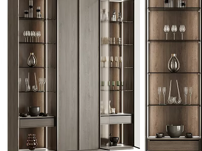 Modern Wine Cabinet With Glass Shelves Displaying Wine Bottles Glassware And Decorative Vases 3d model