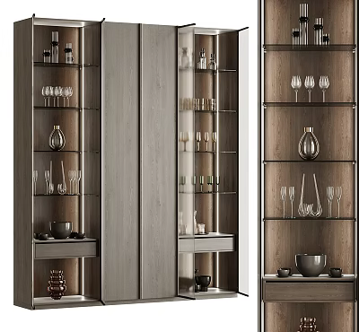 Modern Wine Cabinet With Glass Shelves Displaying Wine Bottles Glassware And Decorative Vases 3d model