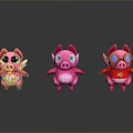 Adorable Pink Pig Characters With Different Costumes Wings And Lightning Accessories