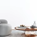 Gray Modern Single Sofa With Transparent Round Coffee Table And Decorative Items 3d model