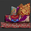Traditional Style Long Cushion Bench With Vibrant Patterned Pillows For Home Decor 3d model