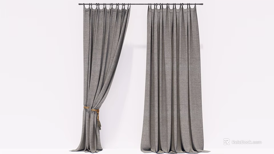 Gray Linen Fabric Curtains With Tied Pleated Design For Home Decor 3d model 