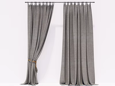 Gray Linen Fabric Curtains With Tied Pleated Design For Home Decor 3d model