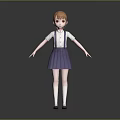 Anime Style 3D Character With Orange Hair And Purple School Uniform Standing Against Gray Background