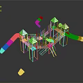 Colorful Playground Building With Slides Climbing Structures Green Roofs And Red Frames