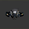 Detailed Futuristic Mechanical Armored Character With Blue Orange Lights And Shields
