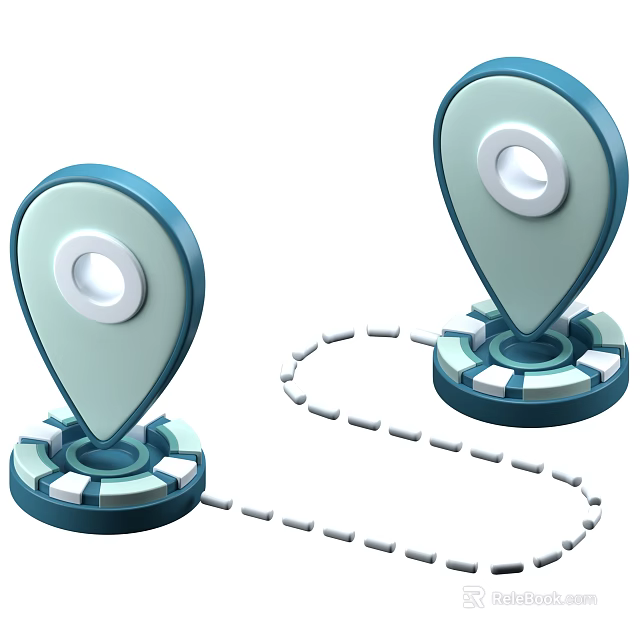 Decorative Ornament Set of Two Blue Location Pins Connected by Dotted Line 3d model 