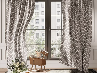 Gray And White Chevron Pattern Curtains In Bright Room With Rocking Chair And Flowers 3d model