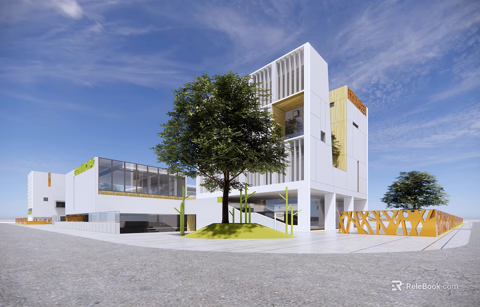 Modern White School Building With Geometric Facade Green Lawn Trees And Glass Windows 3d model 