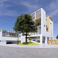 Modern White School Building With Geometric Facade Green Lawn Trees And Glass Windows