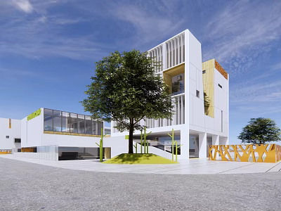 Modern White School Building With Geometric Facade Green Lawn Trees And Glass Windows 3d model
