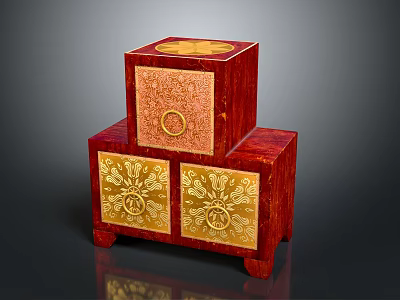 Traditional Red Decorative Boxes With Golden Floral Patterns And Two Tiered Design 3d model