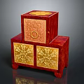 Traditional Red Decorative Boxes With Golden Floral Patterns And Two Tiered Design