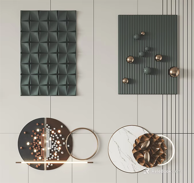 Contemporary Wall Decor Featuring 3D Geometric Panels And Gold Metal Accents 3d model 