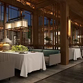 Traditional Chinese Garden Landscape With Wooden Structure Glass Windows And Green Plants In Dining Area