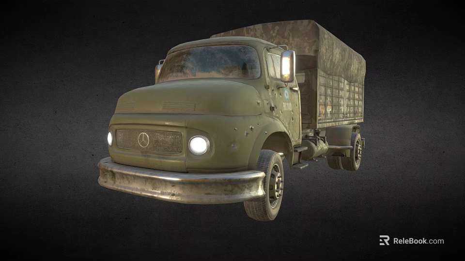 Vintage Functional Cargo Truck With Green Body Canvas Bed Illuminated Headlights And Mercedes Logo 3d model 