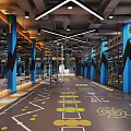 Modern Spacious Fitness Gym Interior With Blue Pillars Floor Markings And Training Equipment