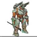 Intelligent Machines With Orange And Green Mechanical Armor And Spear Like Weapons Design