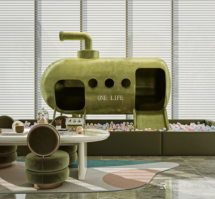 Submarine Shaped Indoor Play Equipment With Ball Pool And Slide 3d model 