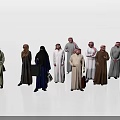 Group of People in Traditional Middle Eastern Robes and Headscarves Standing Together Holding Bags