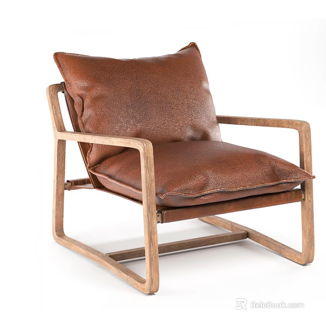 Brown Leather Single Seater Sofa With Wooden Frame Modern Comfortable Design 3d model