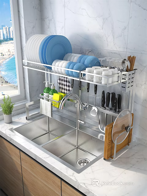 Stainless Steel Kitchen Rack with Dishes Bowls Knives and Cleaning Supplies on Marble Countertop 3d model 
