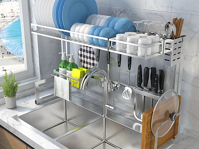 Stainless Steel Kitchen Rack with Dishes Bowls Knives and Cleaning Supplies on Marble Countertop 3d model