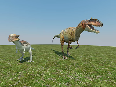 Reptiles Two Dinosaurs Walking On Green Grassland Under Blue Sky 3d model
