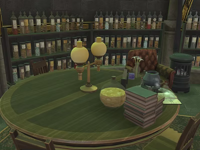 Ancient Architecture Study Room With Round Green Table Bookshelves Lamps And Books 3d model