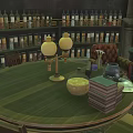 Ancient Architecture Study Room With Round Green Table Bookshelves Lamps And Books