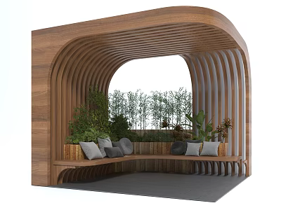 Wooden Pergola with Curved Structure Featuring Bench and Green Plants for Outdoor Area 3d model