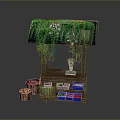 Wooden Market Stall With Green Vines Hanging Colored Boxes And Woven Basket