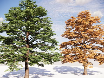 Two Tall Trees With Green And Golden Leaves Against Blue Sky With White Clouds 3d model