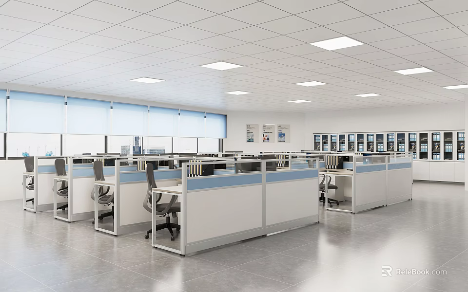 Modern Office Interior Design With Cubicles Computers And Window Blinds Layout 3d model