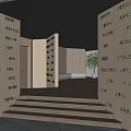 Modern Office Corridor Interior With Wooden Panels Steps Green Plants And Text Elements