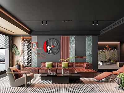 Modern Living Room Interior With Brown Sofa Round Decorative Painting Green Plants And Area Rug 3d model