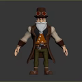 Steampunk Character With Top Hat Goggles Long Beard Brown Coat Green Pants And Brown Boots