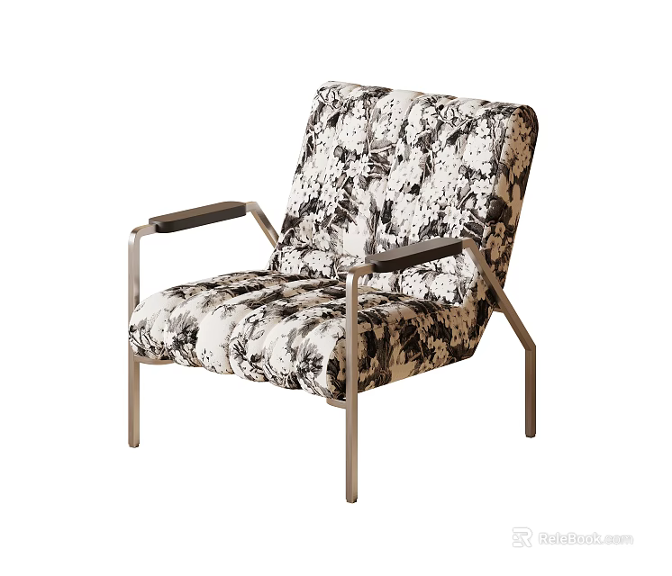 Modern Accent Chair Featuring Black And White Abstract Pattern Upholstery Metal Armrests And Legs 3d model 