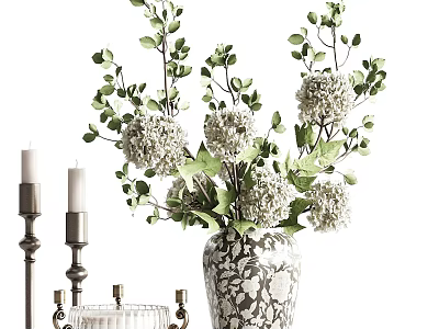 Elegant Vase With White Spherical Flowers Green Leaves And Floral Pattern Design 3d model
