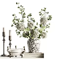 Elegant Vase With White Spherical Flowers Green Leaves And Floral Pattern Design