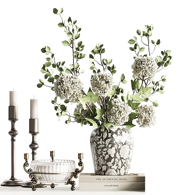 Elegant Vase With White Spherical Flowers Green Leaves And Floral Pattern Design 3d model