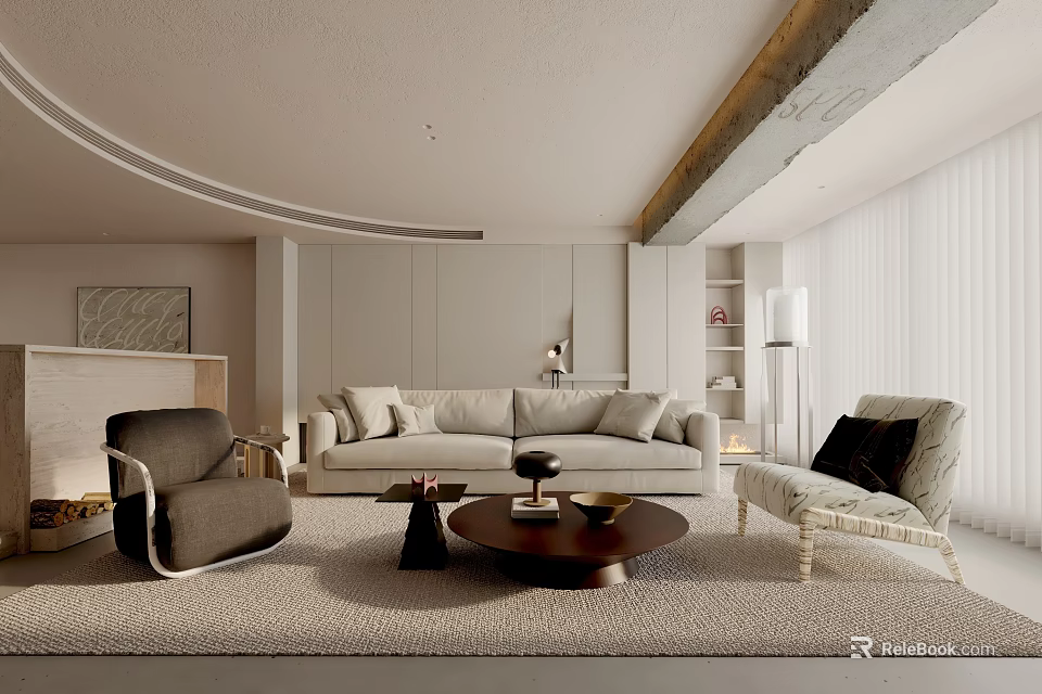 Modern Minimalist Living Room With Light Beige Sofa Gray Armchair And Wooden Coffee Table 3d model 